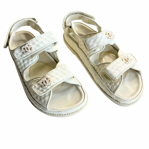 CHANEL Slide Women 40C Ivory Knit Interlocking CC Logo Mule Strap Flat Dad Teva - Picture 3 of 9